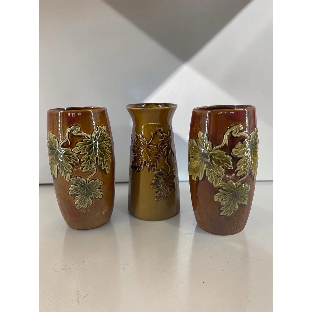 Vintage Circa 1970s Leaf Vase Set Woodland Art Pottery Brown Olive Rustic Decor